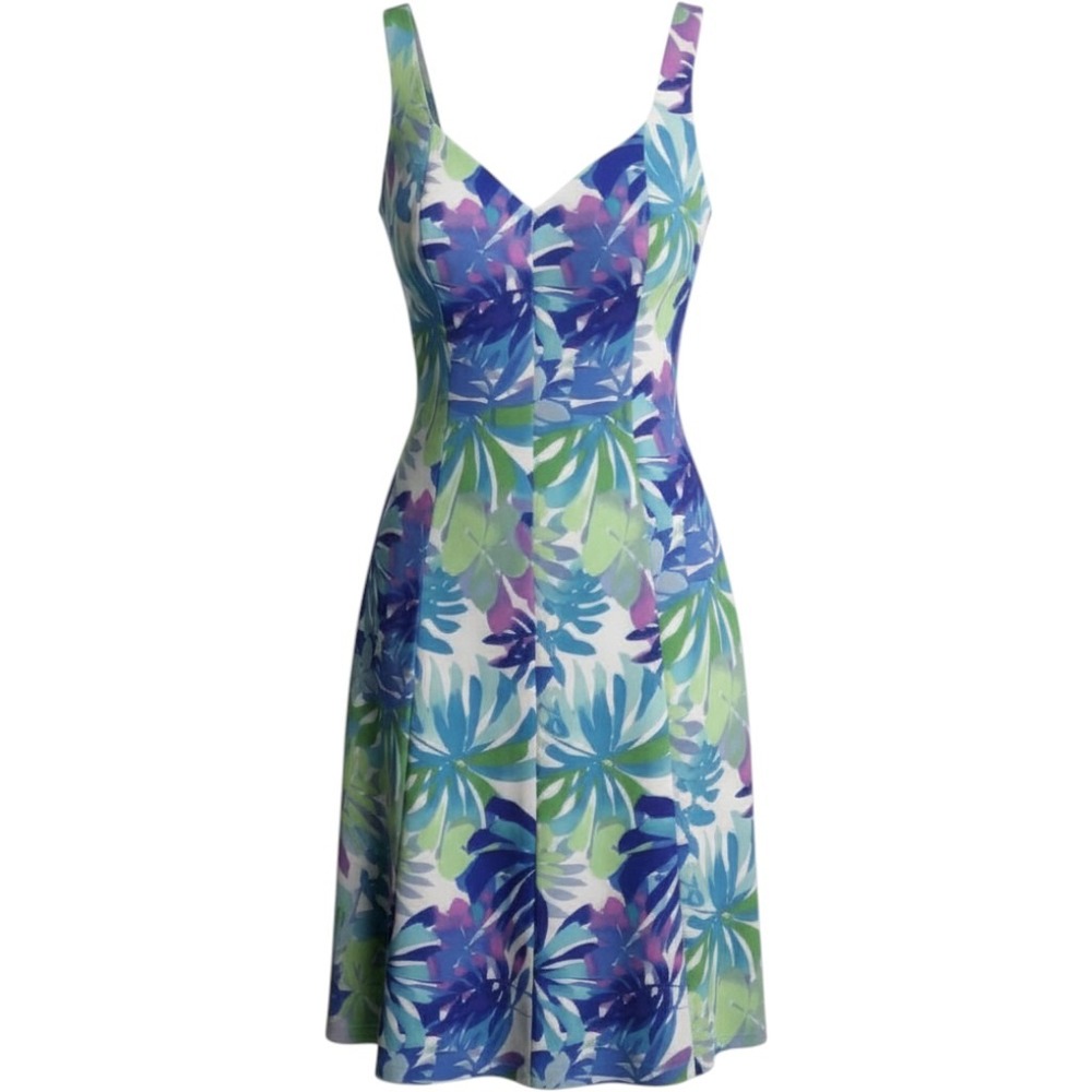 Dressbarn Fit and Flare Dress Womens 10 Blue Green Tropical‎ Floral V-Neck Knee